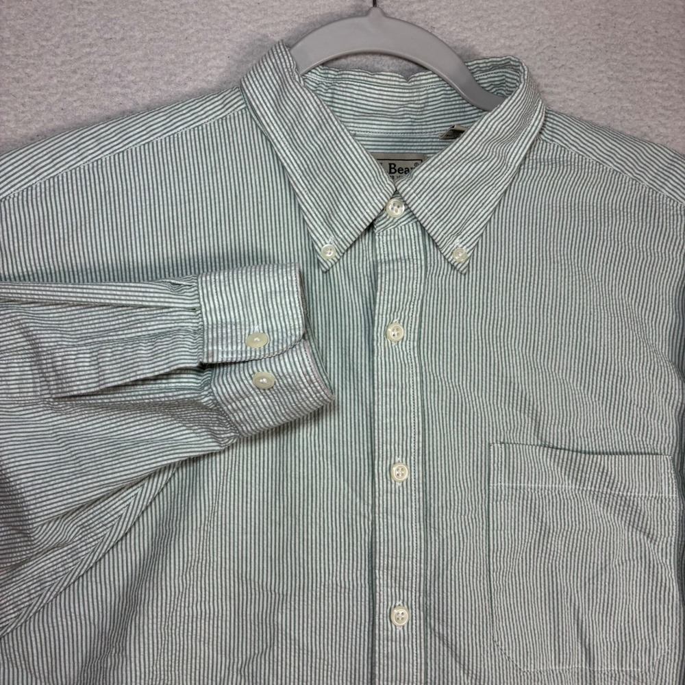 LL Bean Seersucker Button Down Shirt Men L Green Striped Cotton Preppy Coastal